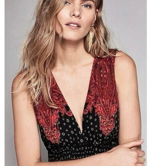 Free People XS Walking Through Dreams Red Black V neck Fit Flare Mini Dress - Picture 8 of 12